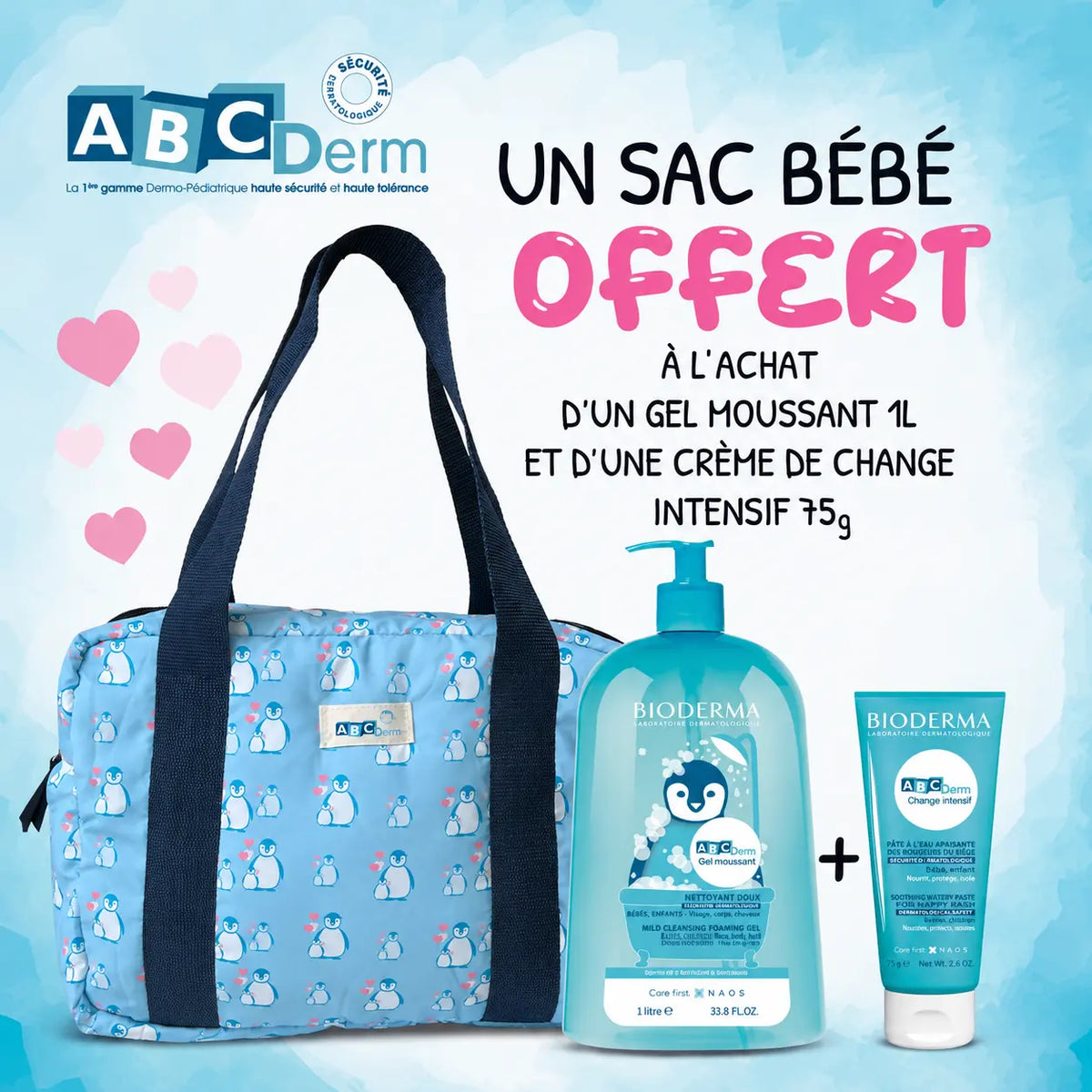 BIODERMA - ABCDerm OFFRE Gel Moussant 1L + Change Intense 75G + SAC OFFERT