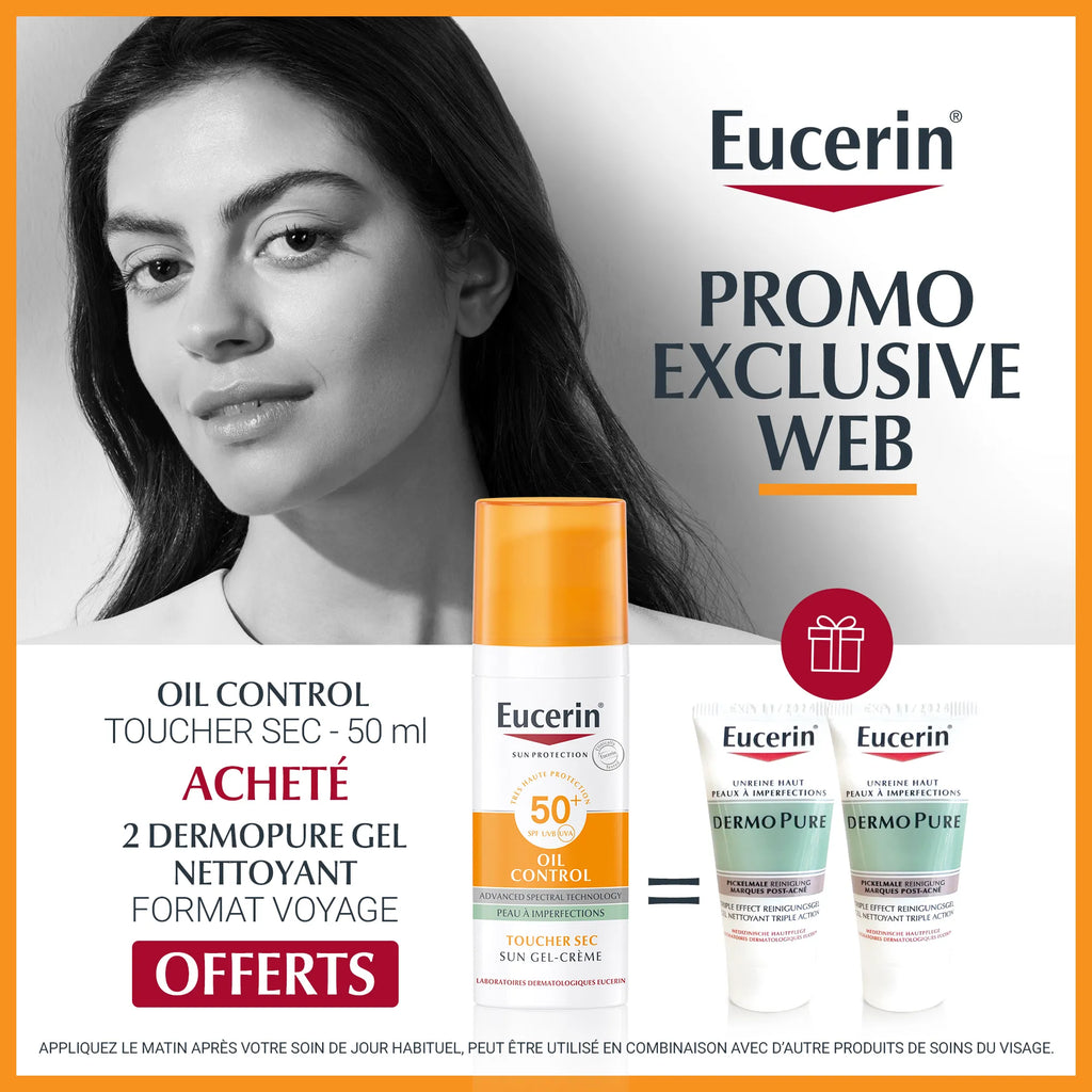 EUCERIN – Sun Oil Control Gel-Crème Toucher Sec SPF 50+ – 50 ml + 2 Gels Nettoyants DermoPure Miniatures Offerts